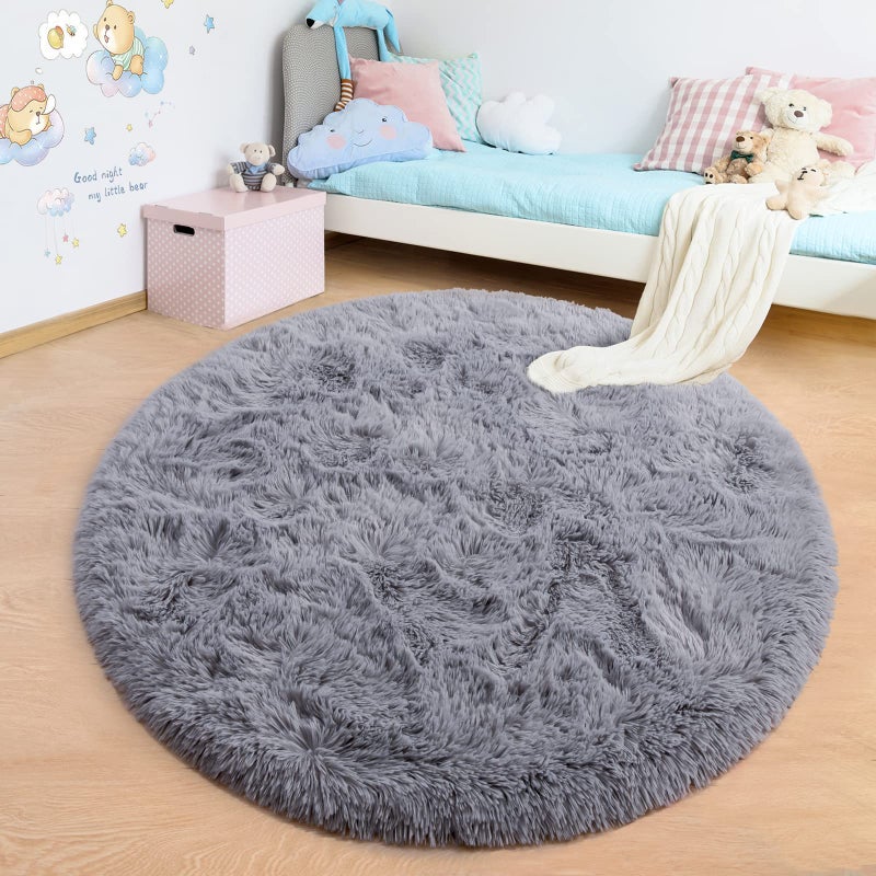 junovo Round Rug 4x4 Feet Fluffy Soft Area Rugs for Kids Girls Room Princess Castle Plush Shaggy Carpet Cute Circle Nursery Rug for Kids Girls Bedroom Baby Room Home Decor Circular Carpet, Grey - Image 4